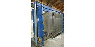 A dismantled plate heat exchanger.