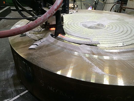 Multi-wire tandem weld overlay of a chrome tubesheet.