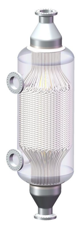 Spiral tubes arrangement inside the pressure vessel for single stream design.