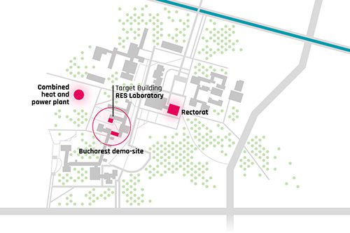 Map of the relevant buildings (in pink) on the campus of the University Politehnica of Bucharest.