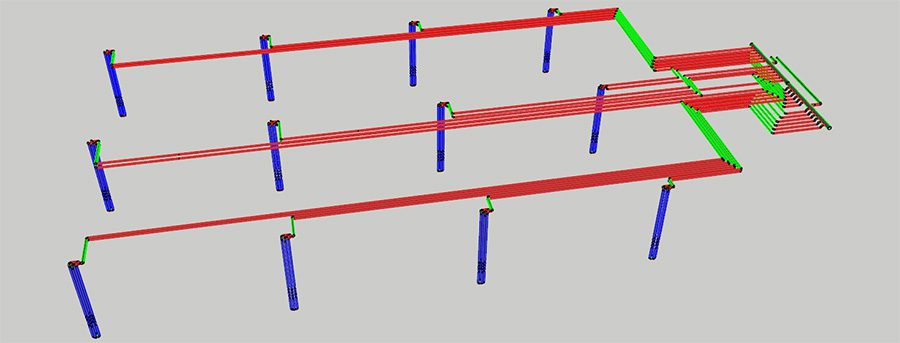 The structure of the heat exchanger pipes that were implemented into the twelve 100m deep bore holes.