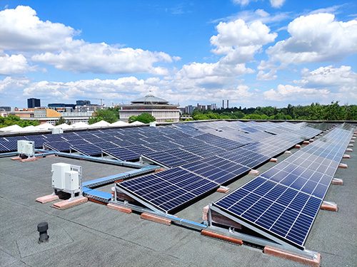 Solar panels on the roof of the building at the Bucharest demosite.
