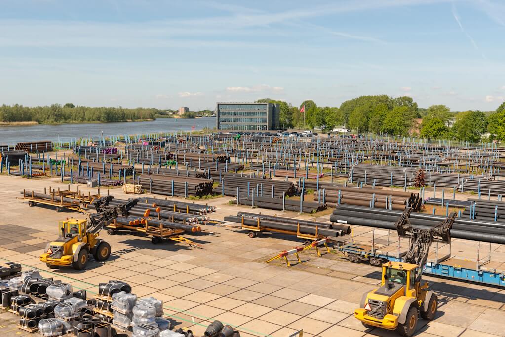 Van Leeuwen Pipe and Tube, based in the Netherlands. A view of the stockyard and the warehouse.