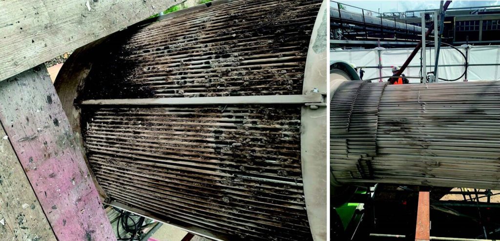 Heat exchanger without SoundClean and with SoundClean, pulp&paper industry. Image courtesy of MultiSonic