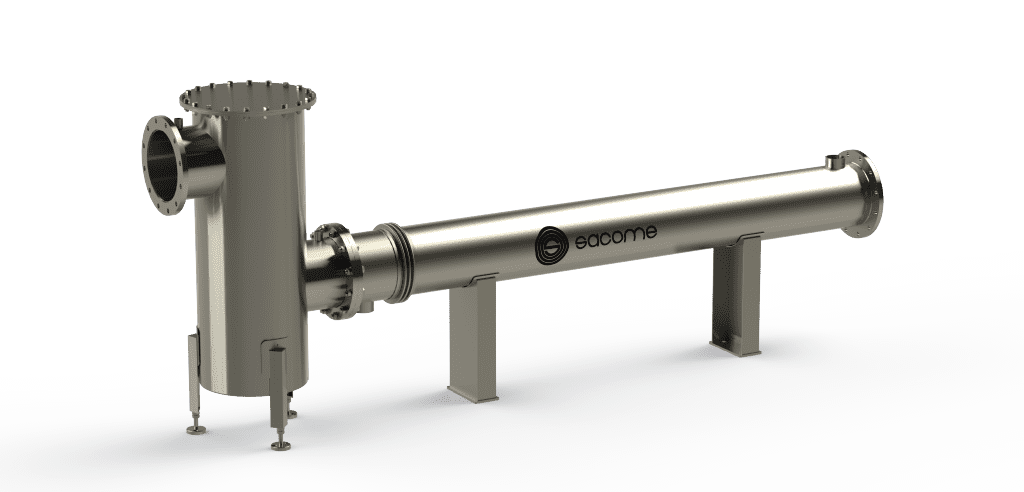 Figure 1. Horizontal heat exchanger with axial inlet and separator vessel with radial outlet and support legs.