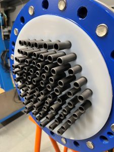 Heat exchanger with SiC tubes.