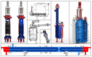 Wide range of possibilities for glass-lined tube bundles in various applications (in order: short path evaporator (top left panel), storage vessel, top condenser, with glass shell (middle panel), cold trap, PowerBaffle inside a reactor (right 2 panels), serial connection on product side (bottom).