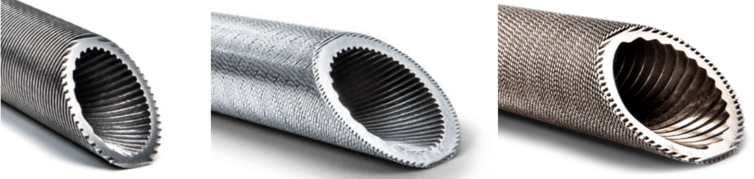 Figure 1. GEWA dual-enhanced heat exchanger tubes. (a) GEWA-KS, with fins on both sides, (b) GEWA-PB, with boiling enhancement outside (c) GEWA-CLF (LF for Low Fouling tubeside structure), with condensing enhancement outside. Images courtesy of Wieland.