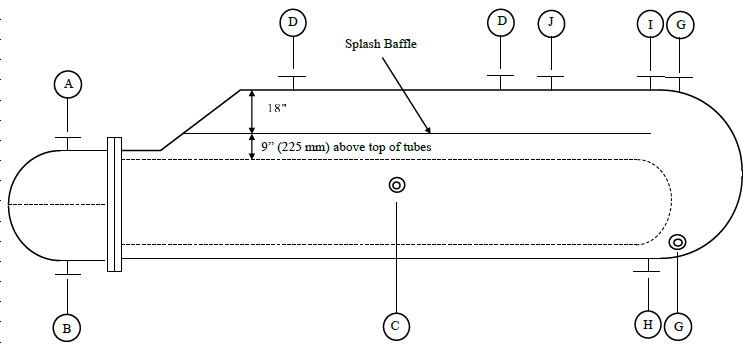 Figure 1. Diagram of a splash baffle (D) in a kettle-type heat exchanger, positioned 9 inches (225 mm) above the tube bundle to enhance bulk liquid separation.