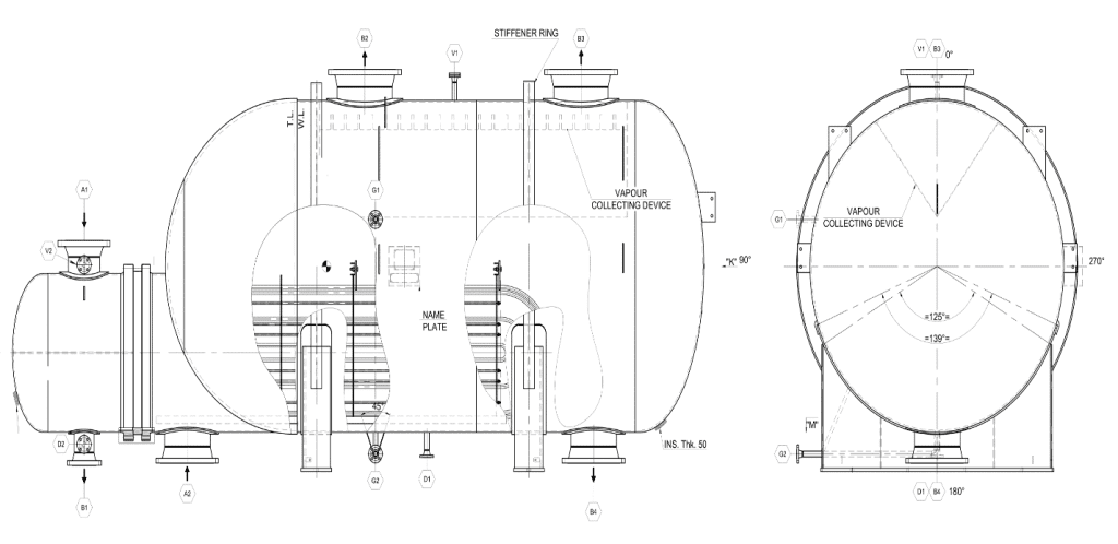 Figure 2. Diagram of a perforated triangular splash baffl e in a kettle-type heat exchanger, showing vapor passing through perforations and liquid collecting in the pool below.