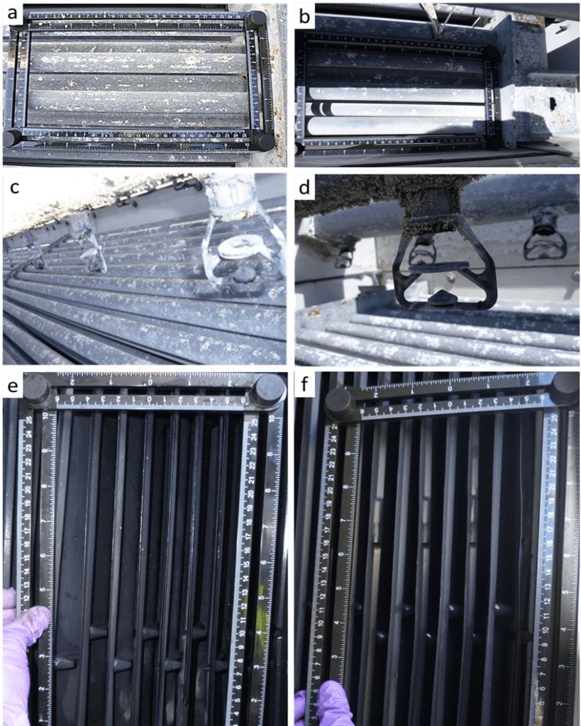 Figure 2: Surface condition evolution between the technical shutdown in November 2019 (left) and June 2020 (right) at site G. a and b: view of the upper tubes (point 3 on the schema in Figure 9); c and d: view of the spray ramps and a set of nozzles (point 3 on the schema in Figure 1); e and f: view of the packing’s trickle lamellas.