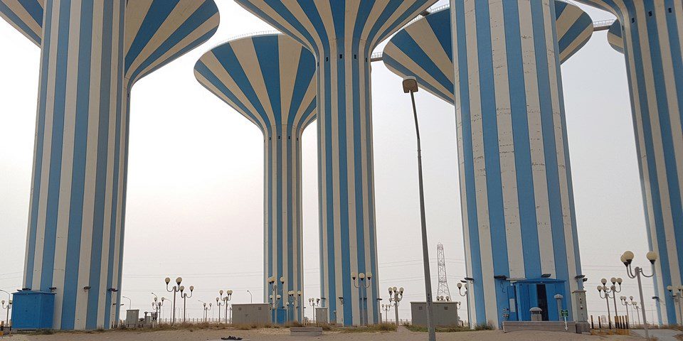 The giant water towers create a striking landmark in the flat landscape of Sabah Al Ahmad Sea City in southern Kuwait.
