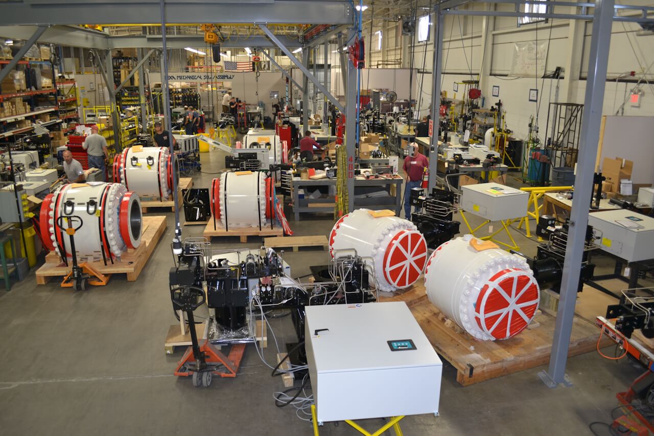Main factory doing mount-cal-testing on large modulating ball valves.