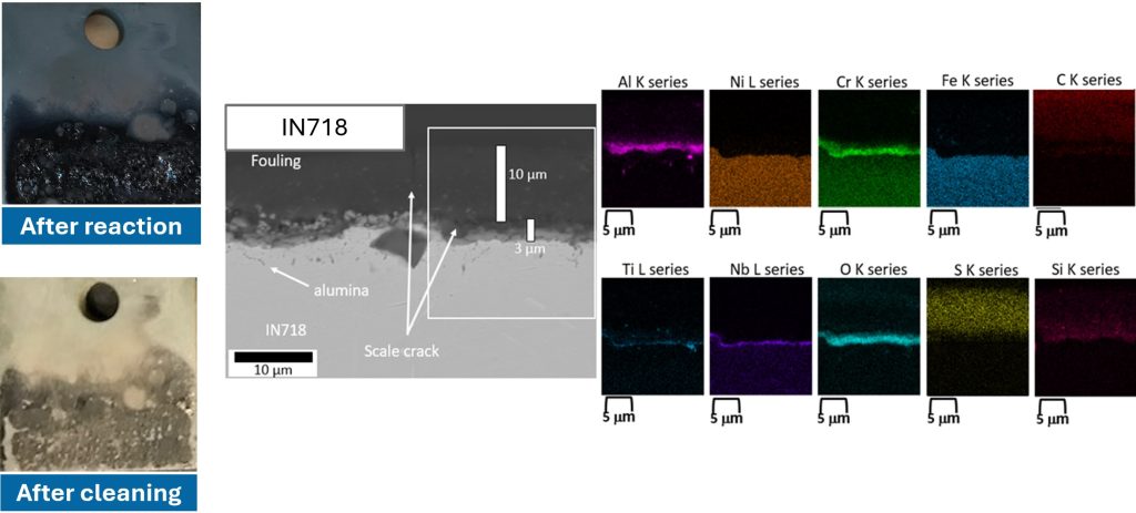 Figure 3: Cross-section SEM images and EDS maps of IN718 post-fouling test.
