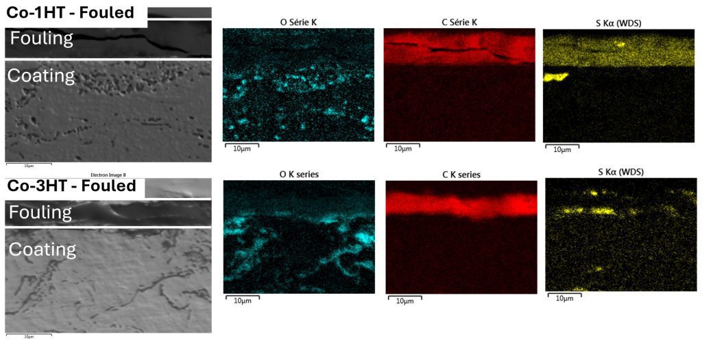 Figure 5: SEM images and EDS analysis of cross-sections of Co-based coatings after fouling at 450°C for 2 hours: samples Co-1HT and Co-3HT.