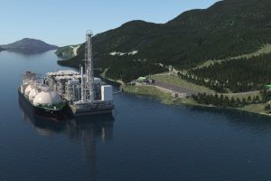 Artist’s rendering of Cedar LNG in the territories of the Haisla Nation, British Columbia, Canada, with the proposed facility next to a docked LNG carrier.