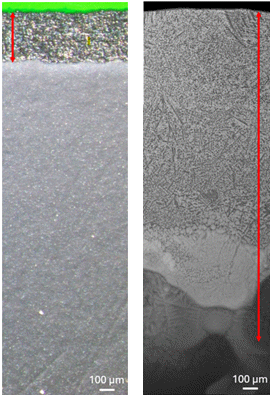 Figure 4 Cross-sectional comparison of conventional thermal spray (left) and FM-1500™ (right).