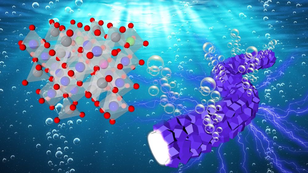 Oxygen bubbles evolving from fibrous, interconnected catalyst particles (right) during electrocatalytic reaction with wate