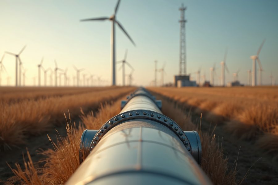 Green hydrogen pipeline with wind turbines in field
