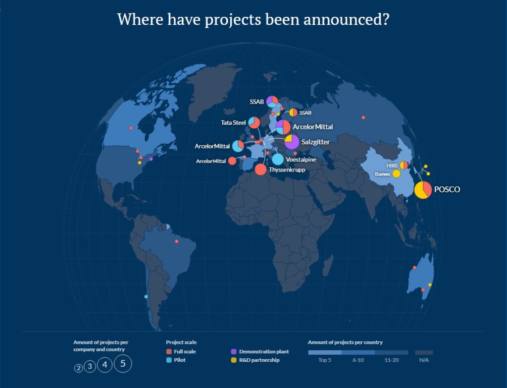 World map showing project locations for green steel initiatives