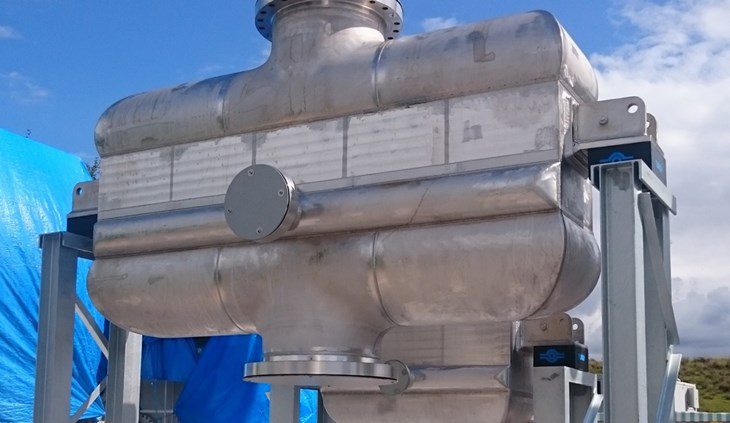 Printed circuit heater exchanger made of type 304L stainless steel from Heatric, used in the LAES process. Photo courtesy of Highview Power Storage and Heatric.