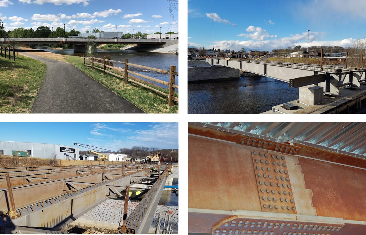Route 340 Bridge, Virginia, USA. Grade 50CR bent plates were used in the fabrication of the cross-frames. It was also the first time that a US bridge design specified stainless steel for all secondary members and fasteners. Low water clearance and industrial pollution were two factors determining the choice of material. Photos: Jason Provines.