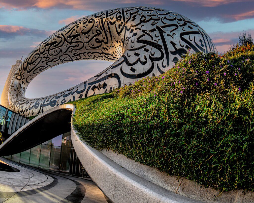 The Museum of the future, Dubai designed by the local architectural firm Killa Design. Its façade is clad in stainless steel and is perforated to show Arabic calligraphy forming poems that describe the vision for Dubai’s future.