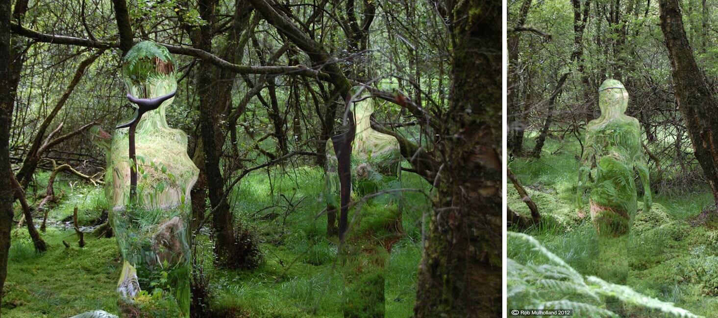 Rob Mullholland’s Vestige project consists of sculptures of human figures in mirror-finish 316L stainless steel located on a Scottish hillside. The figures represent a vestige, a faint trace of the past people and communities that once occupied and lived in this space. The figures absorb their environment, reflecting on their surface the daily changes of life in the forest. Images: Rob Mulholland.