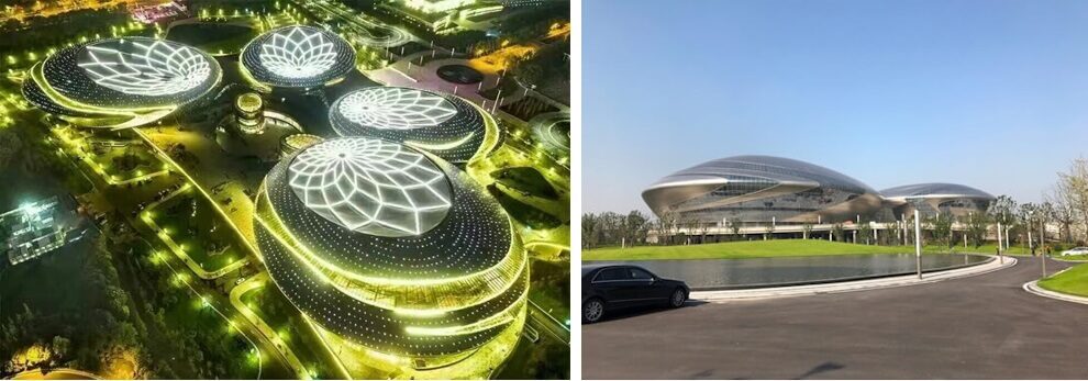 The Centre for Performing Arts and International Conference Centre in Jiangsu, China, is clad in the titanium composite material ALPOLIC/fr TCM. Photo Nippon Steel.