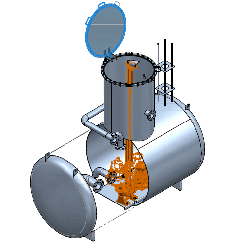 Detailed schematics of the tanks showing the incoming and outgoing sewer pipes and access for pumps, sensors, the power supply, and controls.