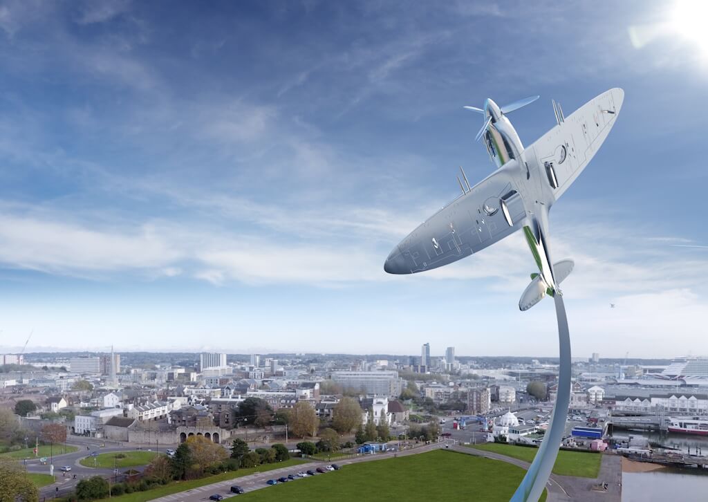 The plane sculpture is a 1.5x scale replica of a Mk Vc spitfire, fabricated in duplex stainless steel grade 1.4462.