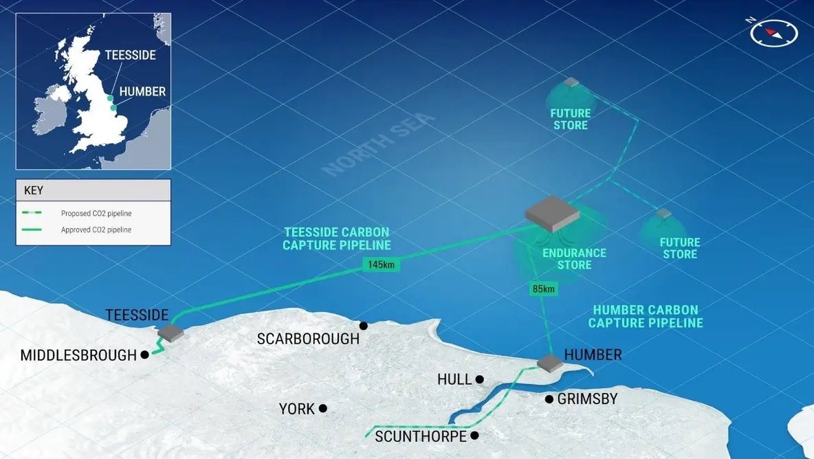 Locations of the Teeside and Humber CCS projects. Image ©Equinor