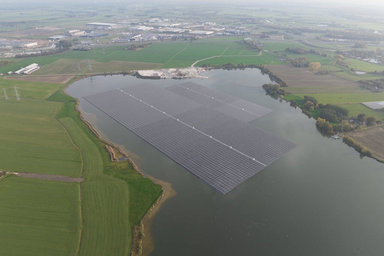 Largest floating solar park in Europe on a sand extraction lake, Bomhofsplas in Zwolle, The Netherlands.