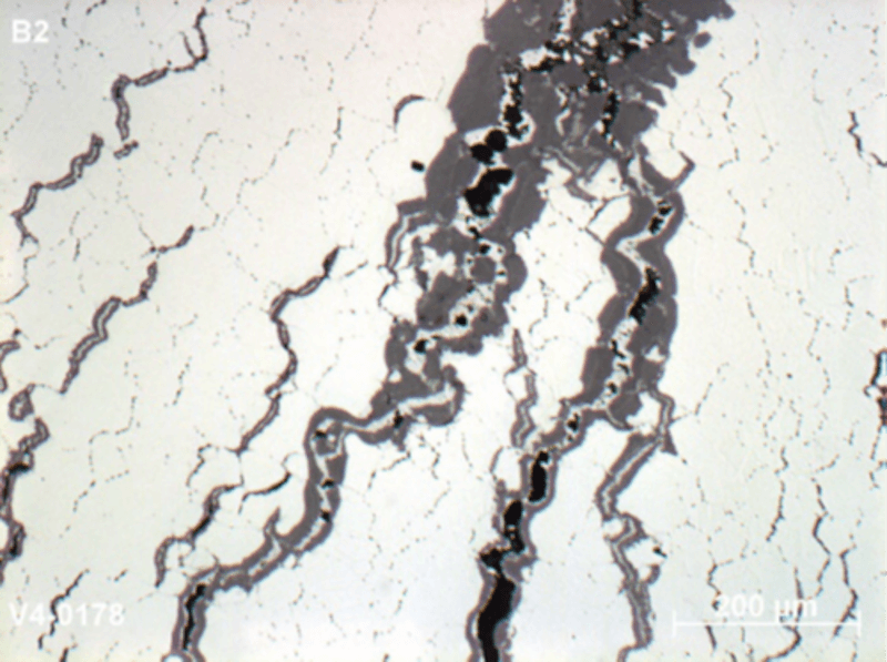 Figure 5b. Cracking of SS 347H pad with typical morphology of SRC Figure 5b. Cracking of SS 347H pad with typical morphology of SRC