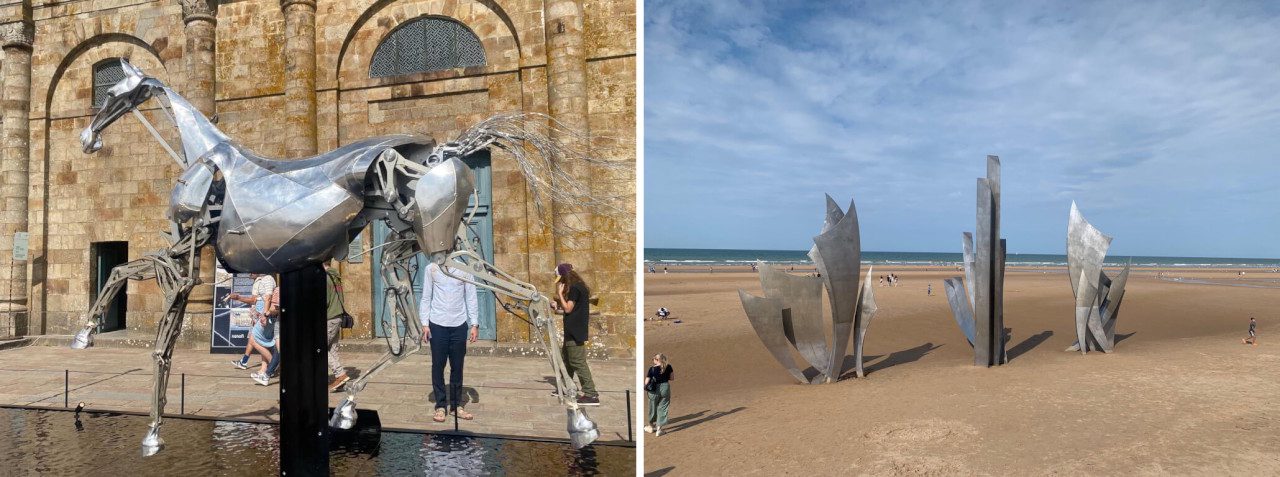 Two stainless sculptures from France: (left) Zeus, a mechanical horse, created for the opening ceremony in Paris of the 2024 Olympics. Owned by Sanofi and fabricated by Blam in Nantes, it is shown here at the Abbey of Mont Saint-Michel. It is constructed in aluminium and stainless steel, with silver leaves. (right) Les Braves, a work by the French sculptor Anilore Banon, erected on Omaha Beach on 5 June 2004 for the 60th anniversary of the D-Day invasion. The three pieces, shaped like wings, represent Hope, Freedom and Fraternity. The sculpture is made of duplex stainless steel UR ™2205 supplied by Industeel (ArcelorMittal). A replica, Les Braves II: At Water’s Edge, was installed in the grounds of the War Memorial Association at Lake St. Clair in Grosse Pointe, USA, on 25 May 2023. Photos: Alessandra Giombetti. Two stainless sculptures from France: (left) Zeus, a mechanical horse, created for the opening ceremony in Paris of the 2024 Olympics. Owned by Sanofi and fabricated by Blam in Nantes, it is shown here at the Abbey of Mont Saint-Michel. It is constructed in aluminium and stainless steel, with silver leaves. (right) Les Braves, a work by the French sculptor Anilore Banon, erected on Omaha Beach on 5 June 2004 for the 60th anniversary of the D-Day invasion. The three pieces, shaped like wings, represent Hope, Freedom and Fraternity. The sculpture is made of duplex stainless steel UR ™2205 supplied by Industeel (ArcelorMittal). A replica, Les Braves II: At Water’s Edge, was installed in the grounds of the War Memorial Association at Lake St. Clair in Grosse Pointe, USA, on 25 May 2023. Photos: Alessandra Giombetti.