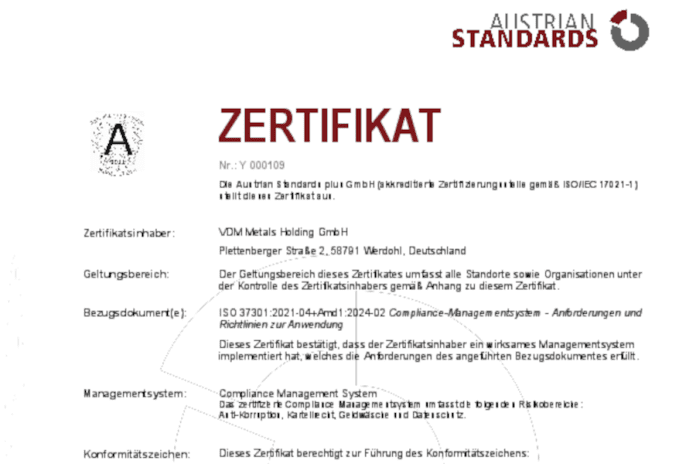 Erfolgreiche Auditierung des Compliance Management Systems bei VDM Metals