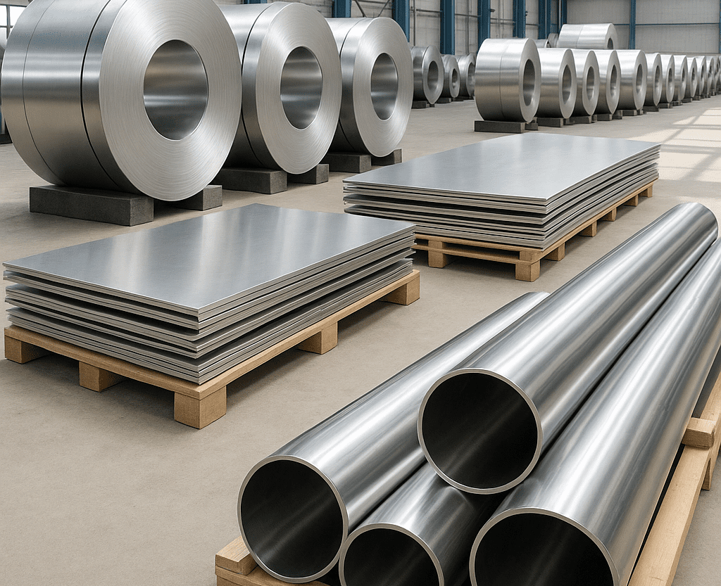 Lagerhalle mit Edelstahl-Platten und -Rohren